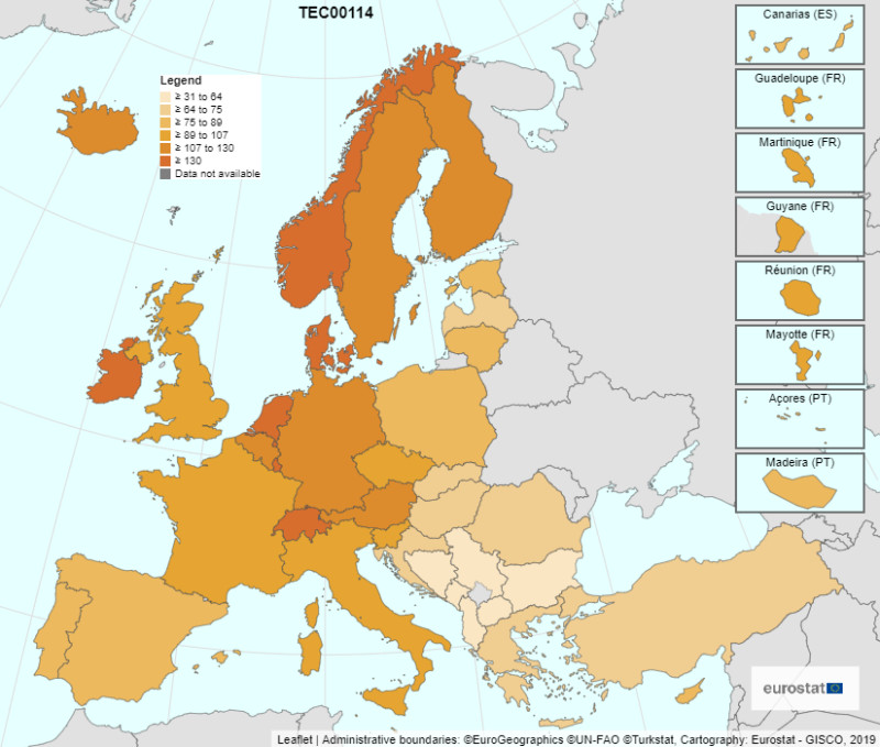 PKB per capita w Europie wyrażone w umownej walucie PPS.