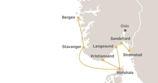 Wszystkie trasy, na których kursują promy Fjord Line.
