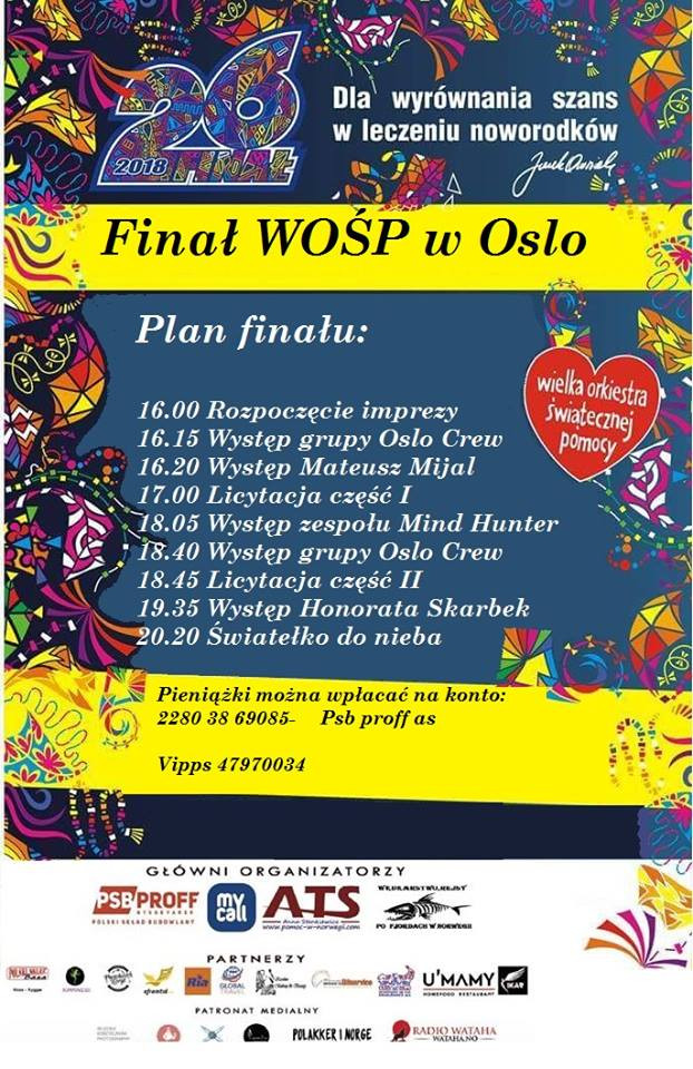 Harmonogram finału WOŚP 2018 w Oslo.