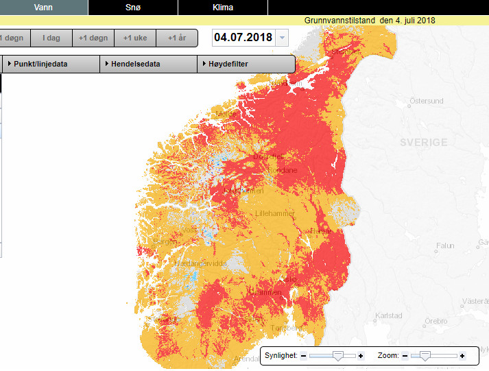 Mapka przedstawiająca poziom wód gruntowych w Norwegii. Stan na 4 lipca 2018.