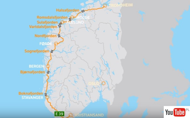 Mapa trasy E39 przebiegającej wzdłuż niemal całego norweskiego wybrzeża.