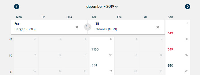 Loty z Bergen do Gdańska w grudniu 2019.