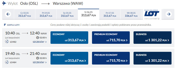 Przykładowe loty z Oslo do Warszawy oferowane przez PLL LOT .