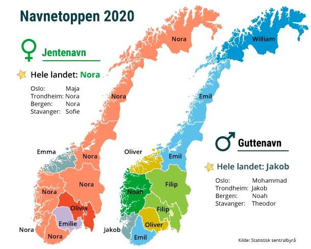 Mapa najpopularniejszych imion w Norwegii w 2020.