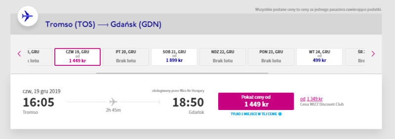 Ceny biletów z Tromsø do Gdańska.