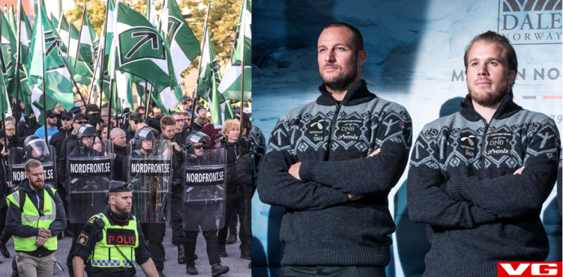 Po lewej: zdjęcie z demonstracji neonazistów w Göteborgu pod koniec września. Po prawej: Aksel Lund Svindal i Kjetil Jansrud podczas prezentacji kadrowych ubrań.