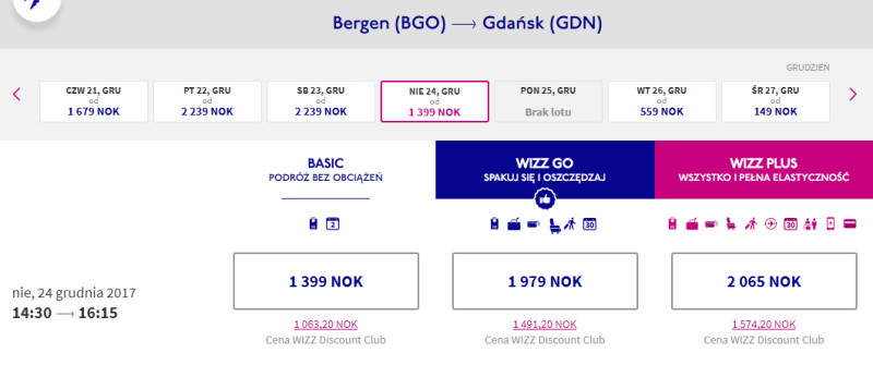 Ceny biletów relacji Bergen — Gdańsk w Wigilię