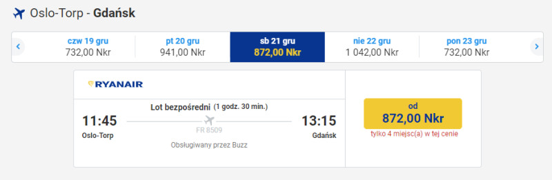 Przykładowe loty z Oslo do Gdańska w grudniu 2019.