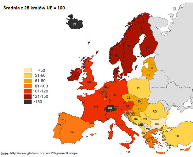 Mapa przedstawia ogólne koszty utrzymania i ceny produktów oraz usług w krajach Europy. Wartość wyjściowa (100) to tzw. średnia europejska.
