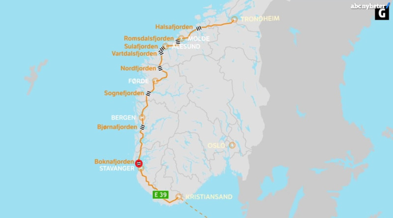 Trasa E39 przebiega wzdłuż wybrzeża od Kristiansand aż po Trondheim.