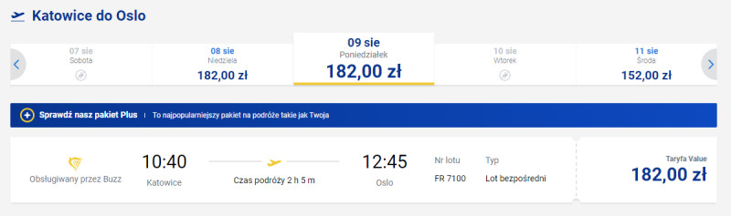 Przykładowe ceny biletów za lot z Katowic do Oslo.