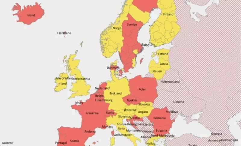 Mapa krajów, których obywatele muszą przejść kwarantannę po przyjeździe do Norwegii.