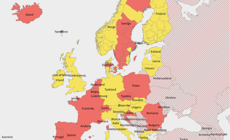 Zaktualizowana mapa państw, po powrocie z których w Norwegii obowiązuje kwarantanna. Polska zmienia kolor na czerwony