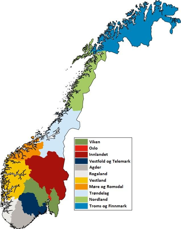 Tak prezentuje się nowy podział Norwegii na okręgi.
