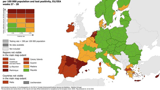 Mapa przedstawiająca sytuację epidemiczną w Europie (stan na 22.07.2021).