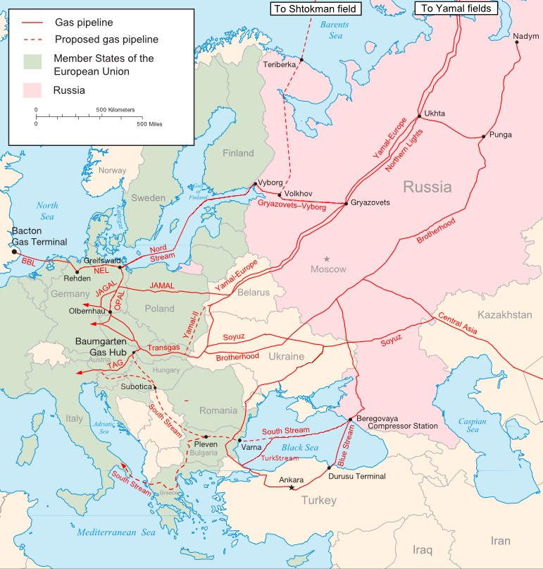 Na zdjęciu: Sieć gazociągów łączących Europę z Rosją.