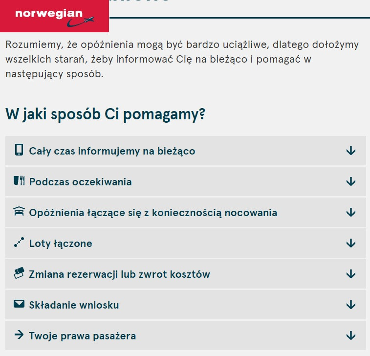Informacje o prawach, jakie przysługują pasażerom na stronie linii lotniczych Norwegian