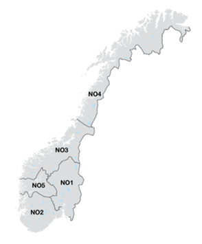Obszary cenowe w Norwegii.