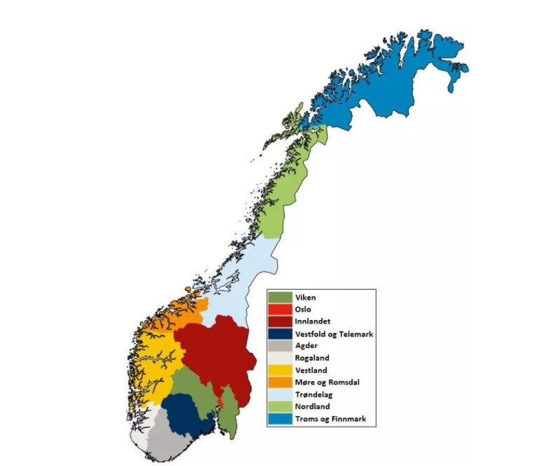 Obecny podział na administracyjny na okręgi. Rząd chce rozwiązać Troms og Finnmark na północy i Viken na południu.