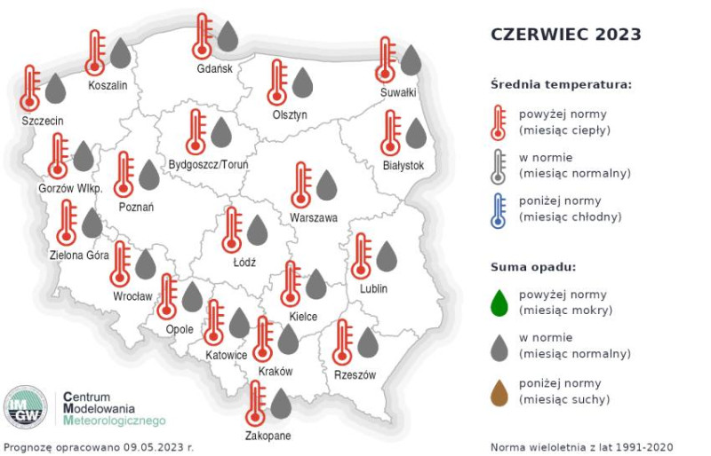 Temperatura pogody prognozowana dla Polski na czerwiec 2023.