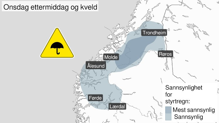 Mapa przedstawiająca norweskie regiony objęte ostrzeżeniem o ulewnych deszczach.