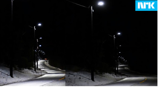 Po lewej widać światła zapalone zaraz po przejechaniu samochodu. Po prawej przygaszone żarówki, świecące tylko częścią swojej mocy.