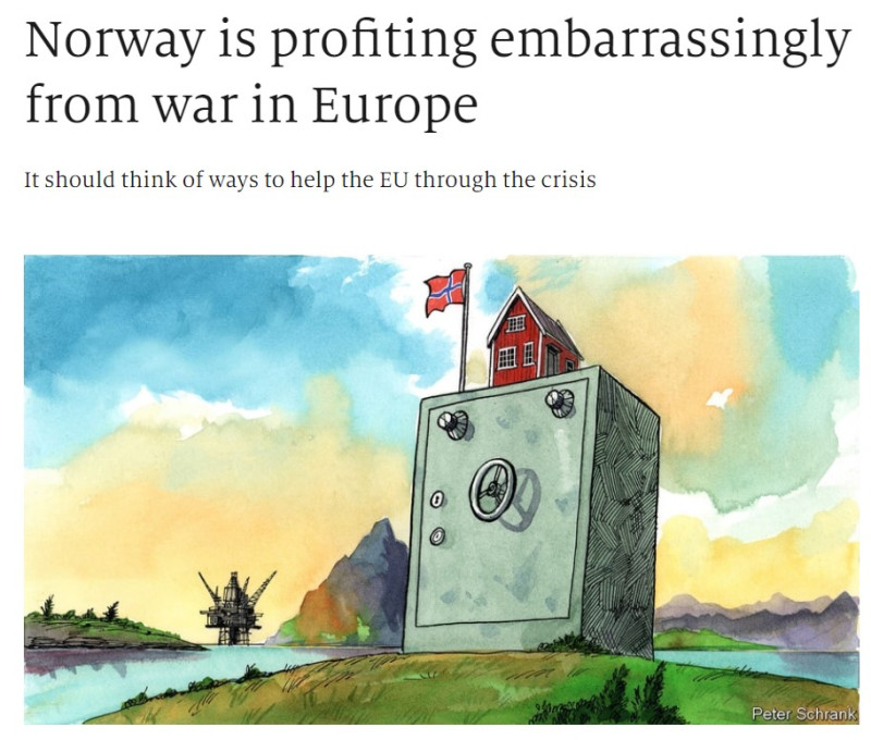 Nagłówek artykułu (8.09.2022) The Economist dotyczący zarobków Norwegii z tytułu sprzedaży surowców. 
