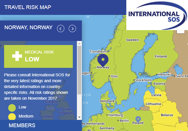 Screenshot z mapki od International SOS, gdzie możemy porównać poziom bezpieczeństwa państw.