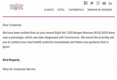 Wizz Air poinformował o możliwości zarażenia w wiadomości mailowej.
