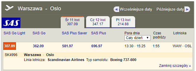 Przykładowe loty SAS z Warszawy do Oslo.