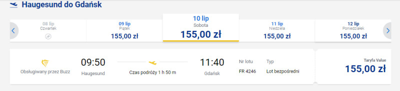Przykładowe ceny lotów z Haugesund do Gdańska.