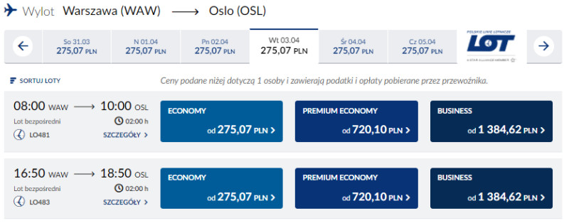 Przykładowe loty z Warszawy do Oslo oferowane przez PLL LOT .