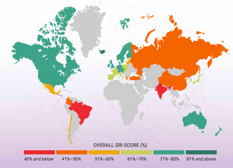 Mapa przedstawiająca jakość życia na emeryturze w poszczególnych państwach. Kolor ciemnozielony oznacza największy komfort.