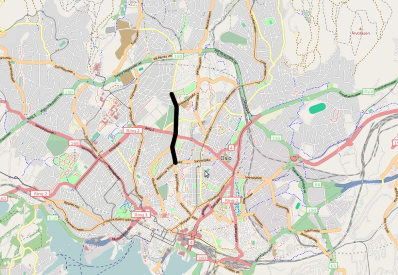 Mapka Oslo. Czarna kreska oznacza granicę między  Østkanten a Vestkanten.