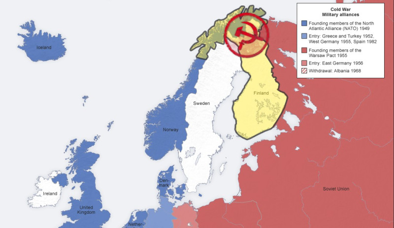 Żółtym kolorem zaznaczono na mapie obszary, które według wydawnictwa należały do ZSRR